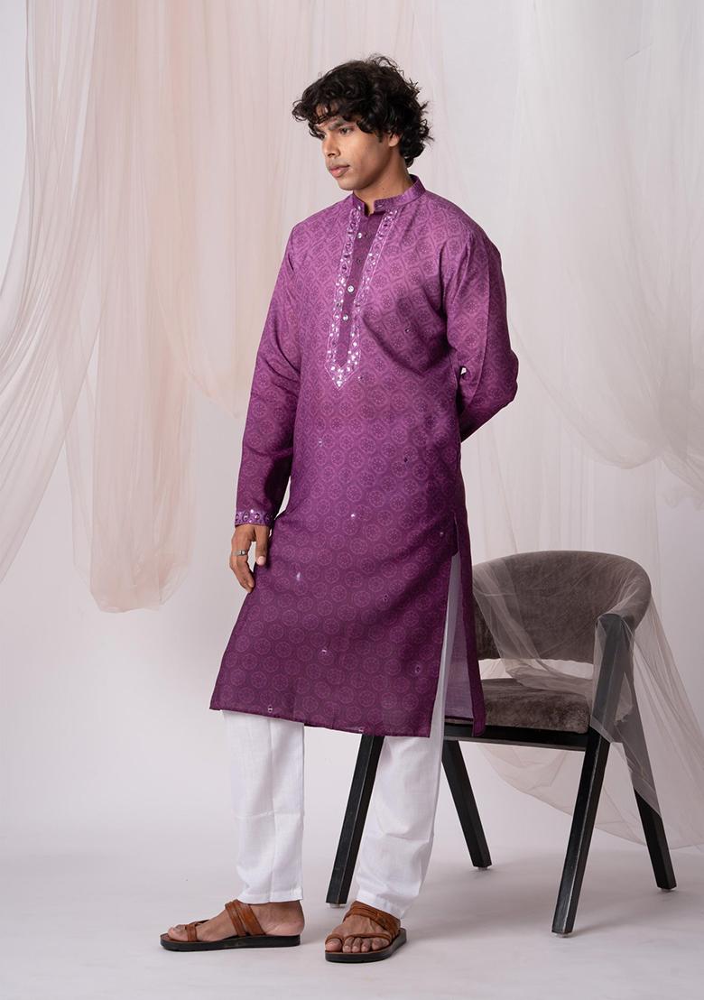 Purple Printed Linen Kurta Set For Men