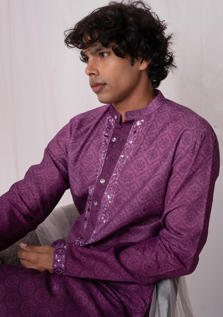Purple Printed Linen Kurta Set For Men