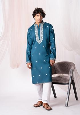 Turquoise Sequin Embroidered Silk Kurta Set For Men