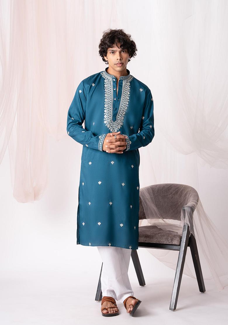 Turquoise Sequin Embroidered Silk Kurta Set For Men