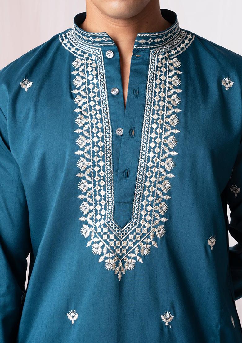 Turquoise Sequin Embroidered Silk Kurta Set For Men