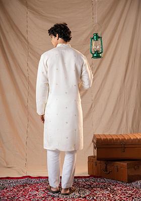 White Sequin Embroidered Silk Kurta Set For Men