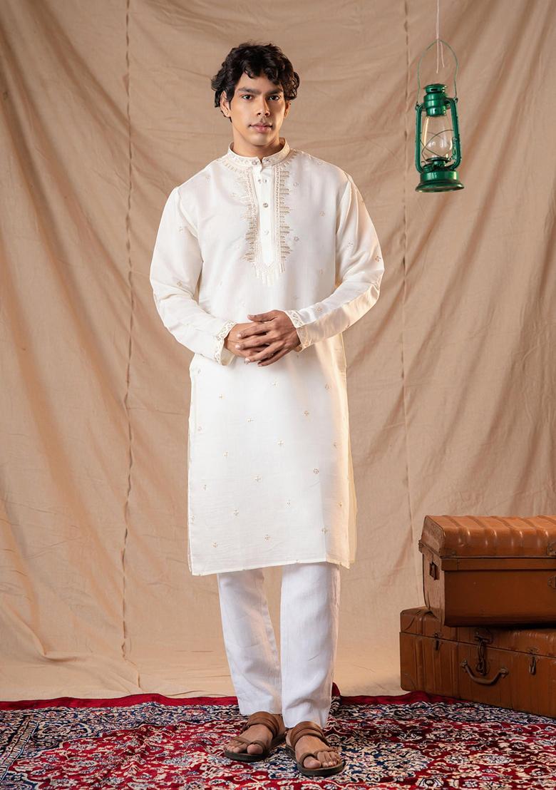 White Sequin Embroidered Silk Kurta Set For Men