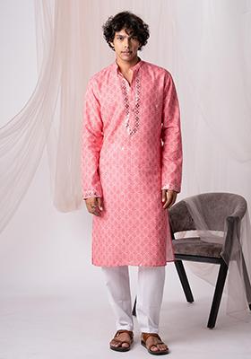 Rose Pink Printed Linen Kurta Set For Men