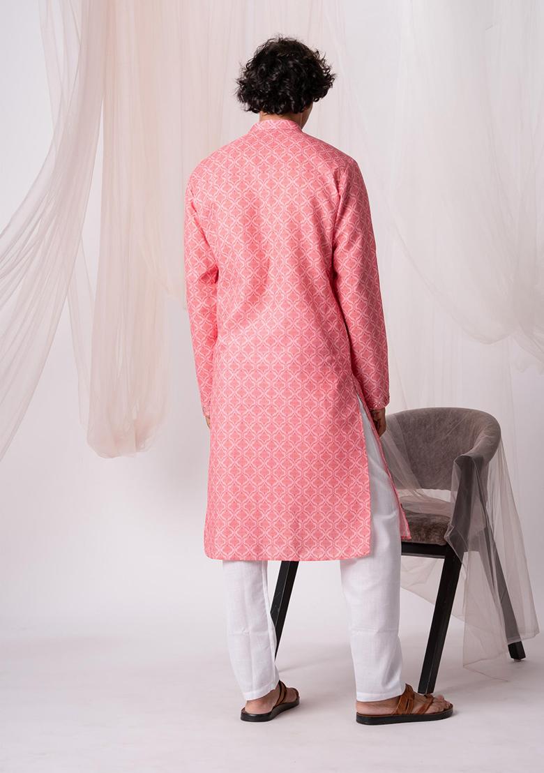 Rose Pink Printed Linen Kurta Set For Men