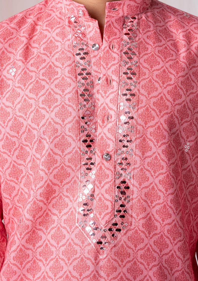 Rose Pink Printed Linen Kurta Set For Men