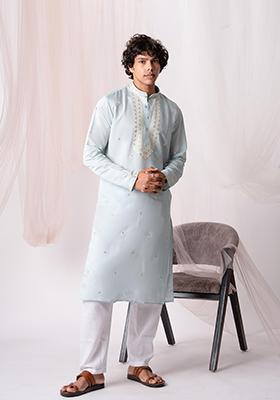 Blue Sequin Embroidered Silk Kurta Set For Men