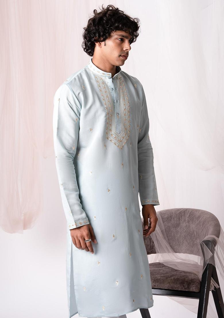 Blue Sequin Embroidered Silk Kurta Set For Men