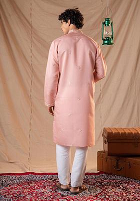 Pink Sequin Embroidered Silk Kurta Set For Men