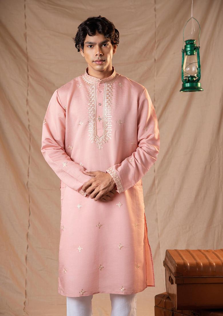 Pink Sequin Embroidered Silk Kurta Set For Men