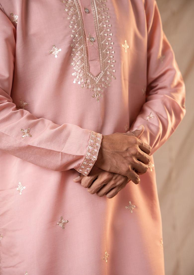 Pink Sequin Embroidered Silk Kurta Set For Men