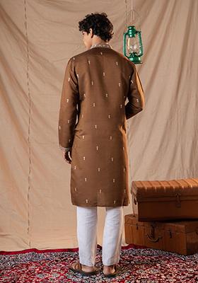 Brown Sequin Embroidered Silk Kurta Set For Men