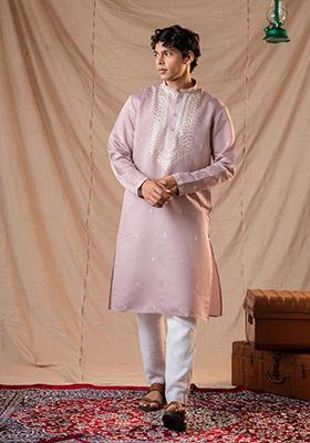 Light Purple Sequin Embroidered Silk Kurta Set For Men