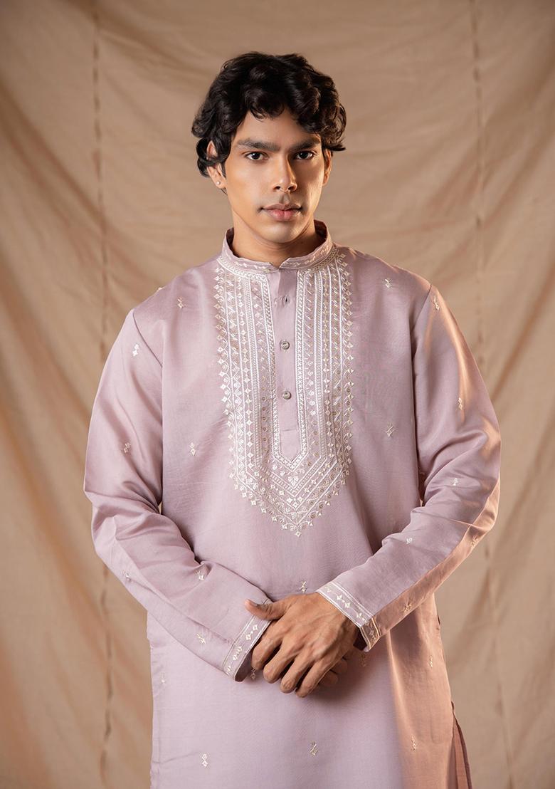Light Purple Sequin Embroidered Silk Kurta Set For Men