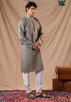 Ash Grey Sequin Embroidered Silk Kurta Set For Men