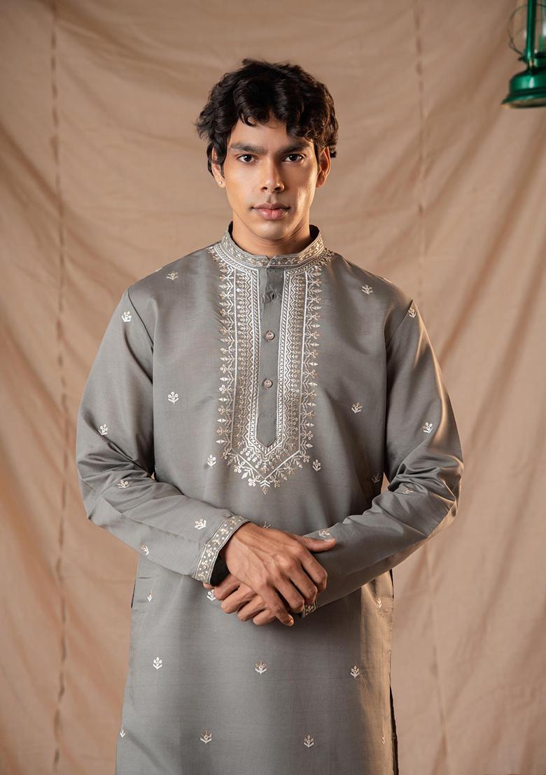 Ash Grey Sequin Embroidered Silk Kurta Set For Men