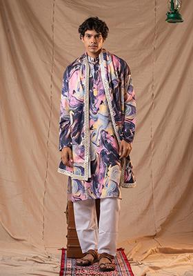 Multicolor Hand Embroidered Cotton Kurta Set For Men