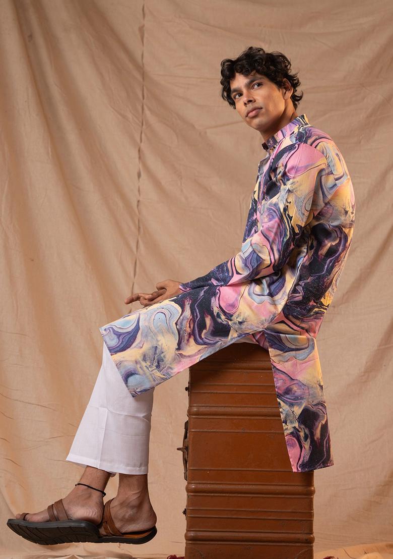 Multicolor Hand Embroidered Cotton Kurta Set For Men