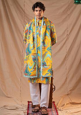 Yellow Hand Embroidered Cotton Kurta Set For Men