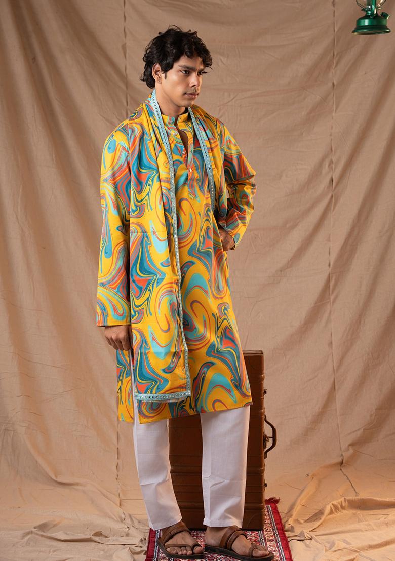Yellow Hand Embroidered Cotton Kurta Set For Men