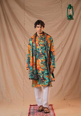 Teal Hand Embroidered Cotton Kurta Set For Men