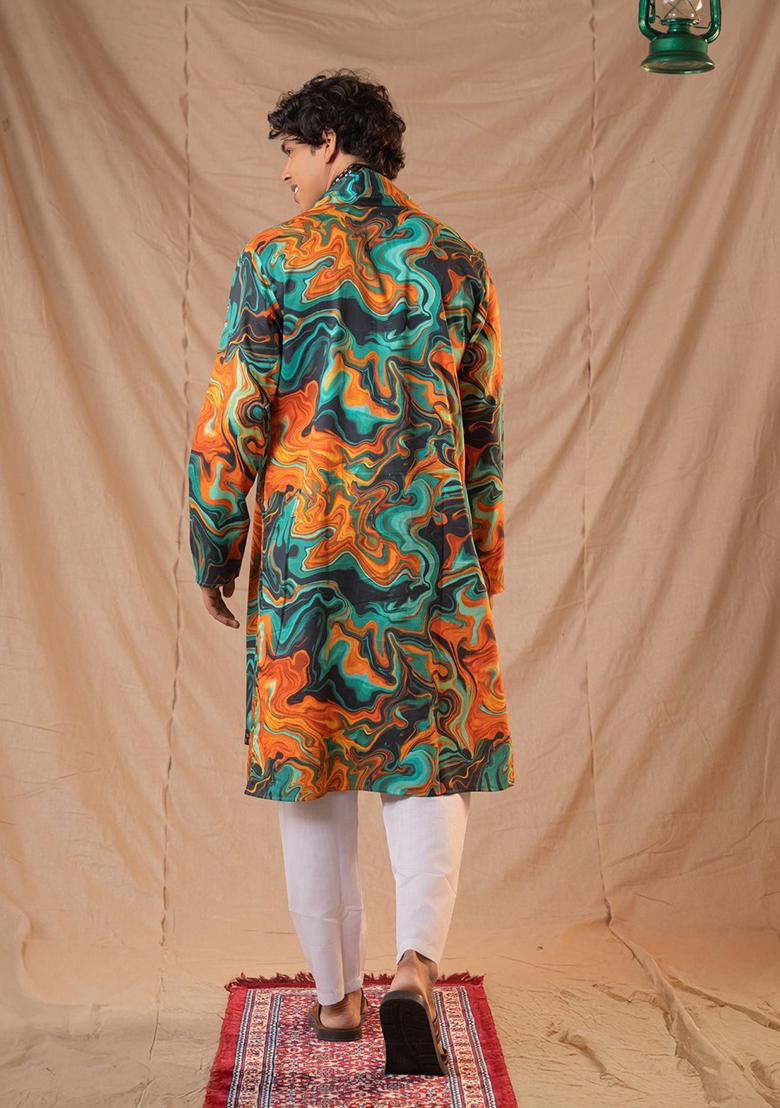 Teal Hand Embroidered Cotton Kurta Set For Men