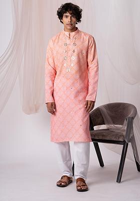 Orange And Pink Printed Linen Kurta Set For Men