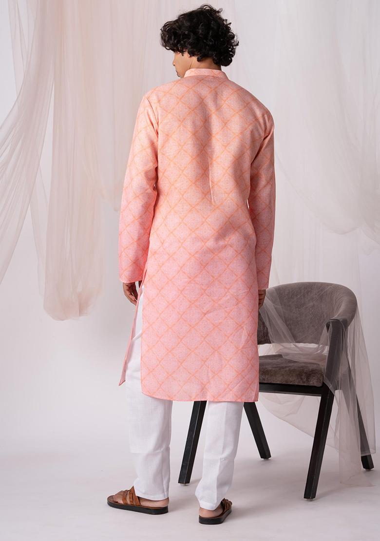 Orange And Pink Printed Linen Kurta Set For Men