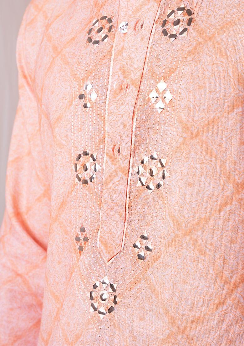Orange And Pink Printed Linen Kurta Set For Men