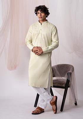 Light Green Sequin Embroidered Silk Kurta Set For Men