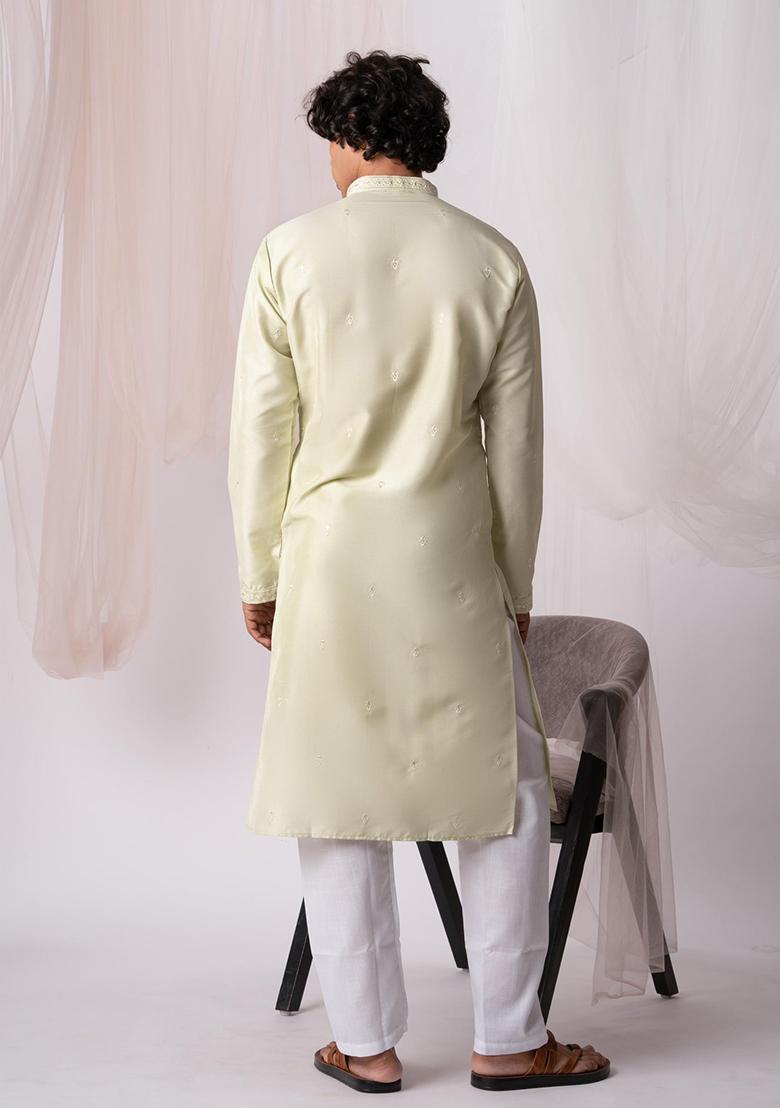 Light Green Sequin Embroidered Silk Kurta Set For Men