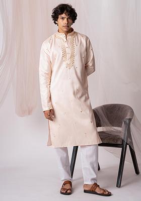 Peach Sequin Embroidered Silk Kurta Set For Men