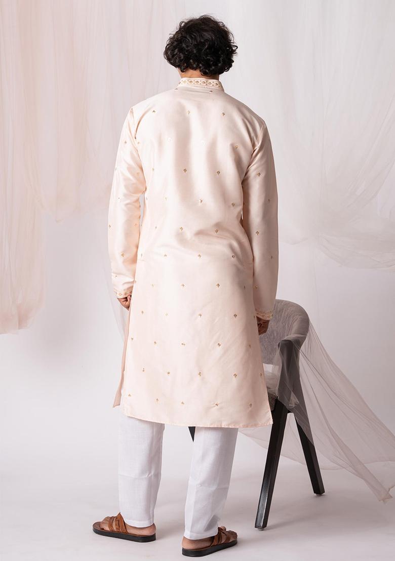 Peach Sequin Embroidered Silk Kurta Set For Men