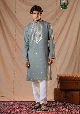 Green Sequin Embroidered Silk Kurta Set For Men