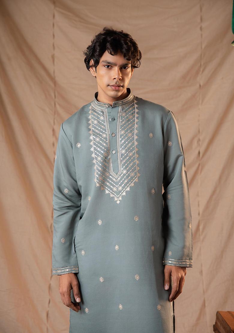Green Sequin Embroidered Silk Kurta Set For Men