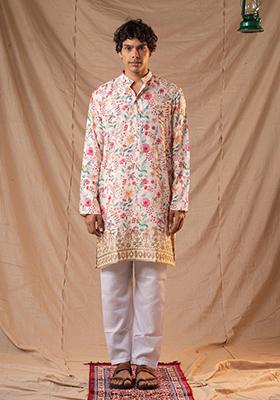 Off White  Printed Muslin Kurta Set For Men