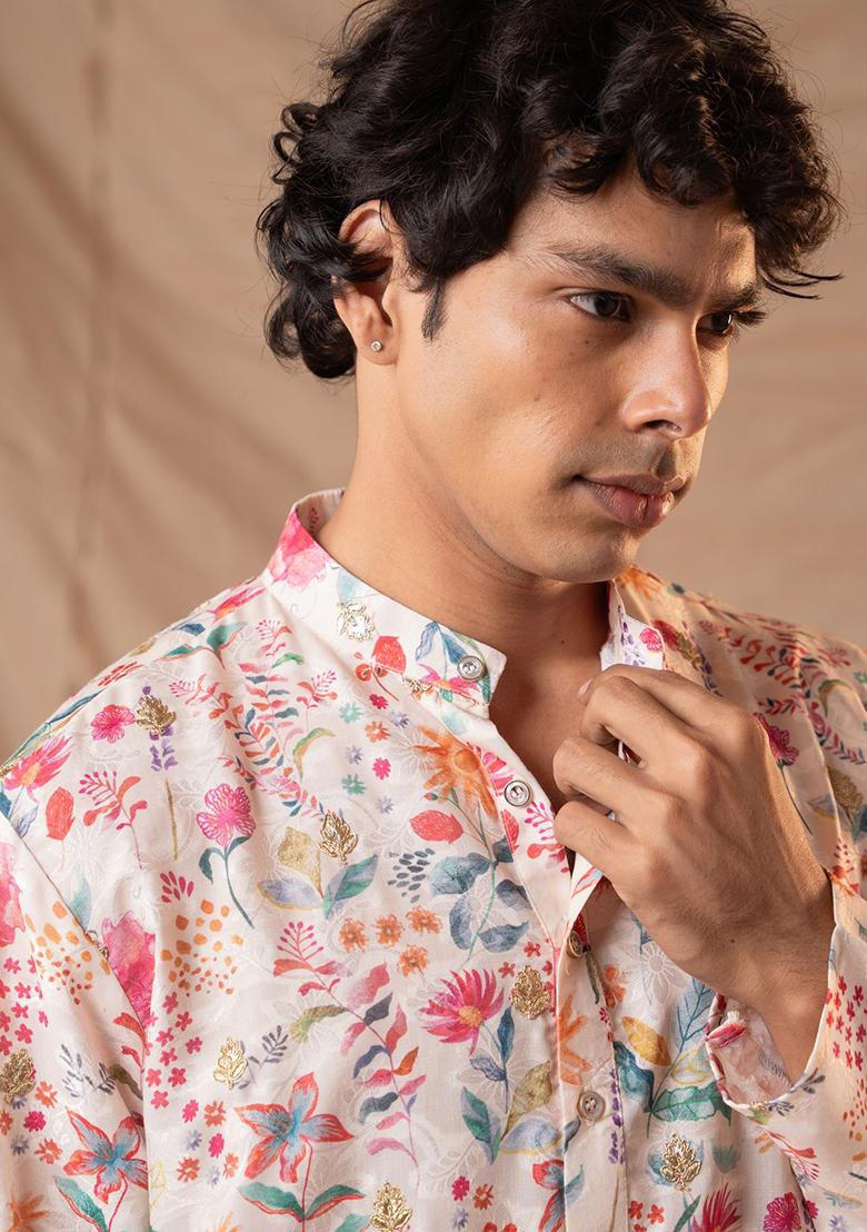 Off White  Printed Muslin Kurta Set For Men