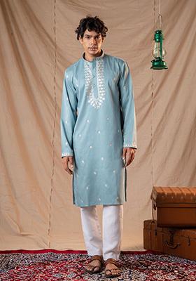 Sapphire Blue Sequin Embroidered Silk Kurta Set For Men
