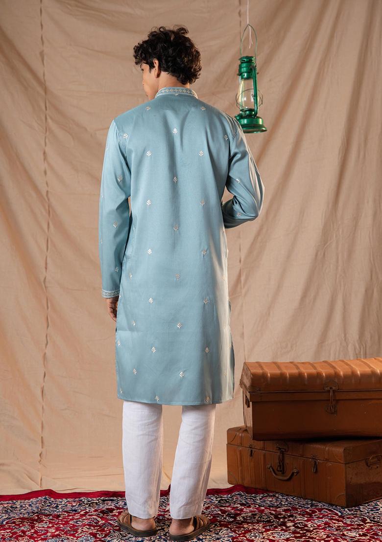 Sapphire Blue Sequin Embroidered Silk Kurta Set For Men