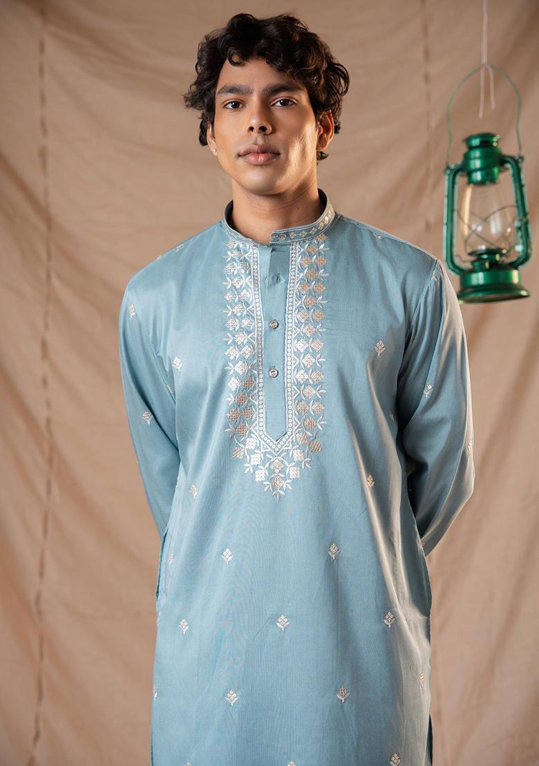 Sapphire Blue Sequin Embroidered Silk Kurta Set For Men