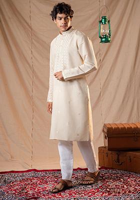 Light Pink Sequin Embroidered Silk Kurta Set For Men