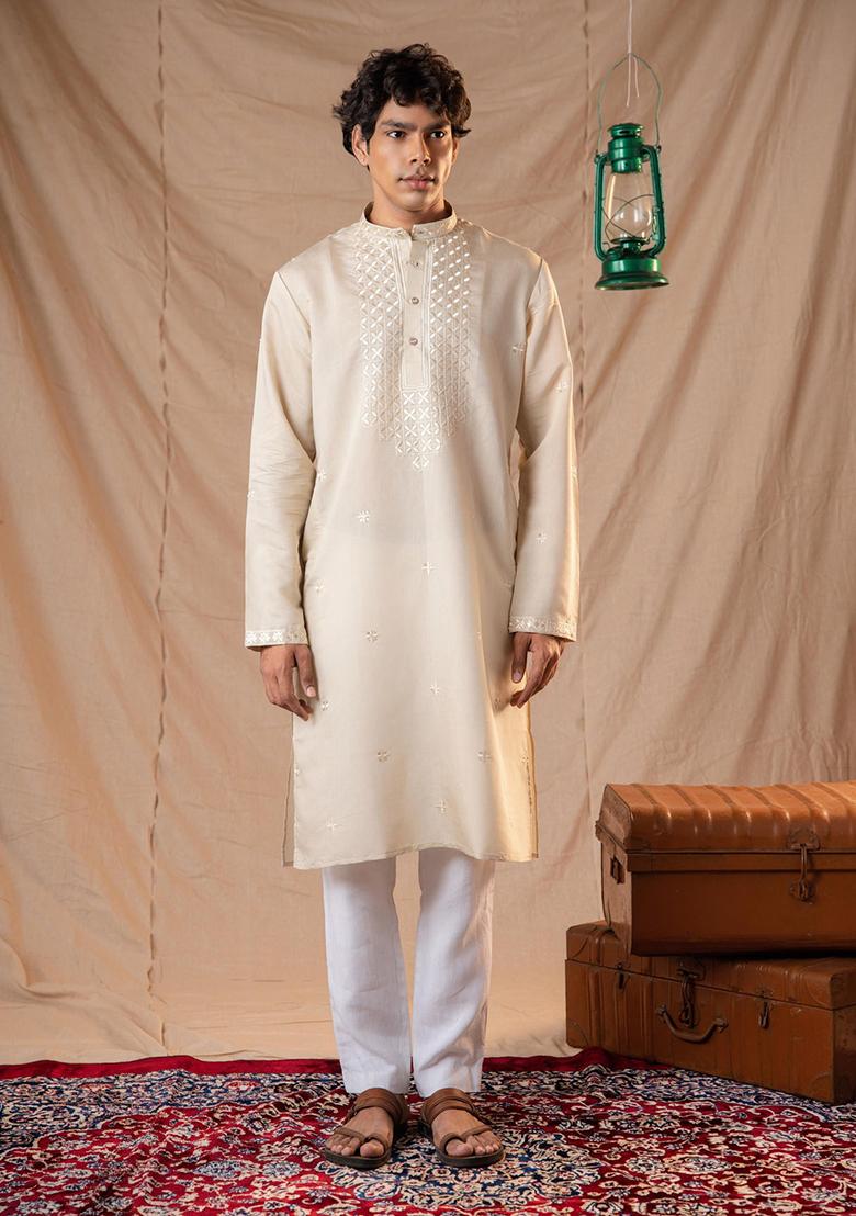 Light Pink Sequin Embroidered Silk Kurta Set For Men
