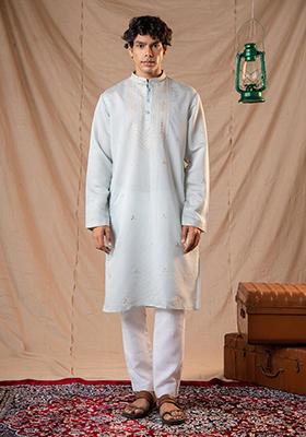 Blue Sequin Embroidered Silk Kurta Set For Men