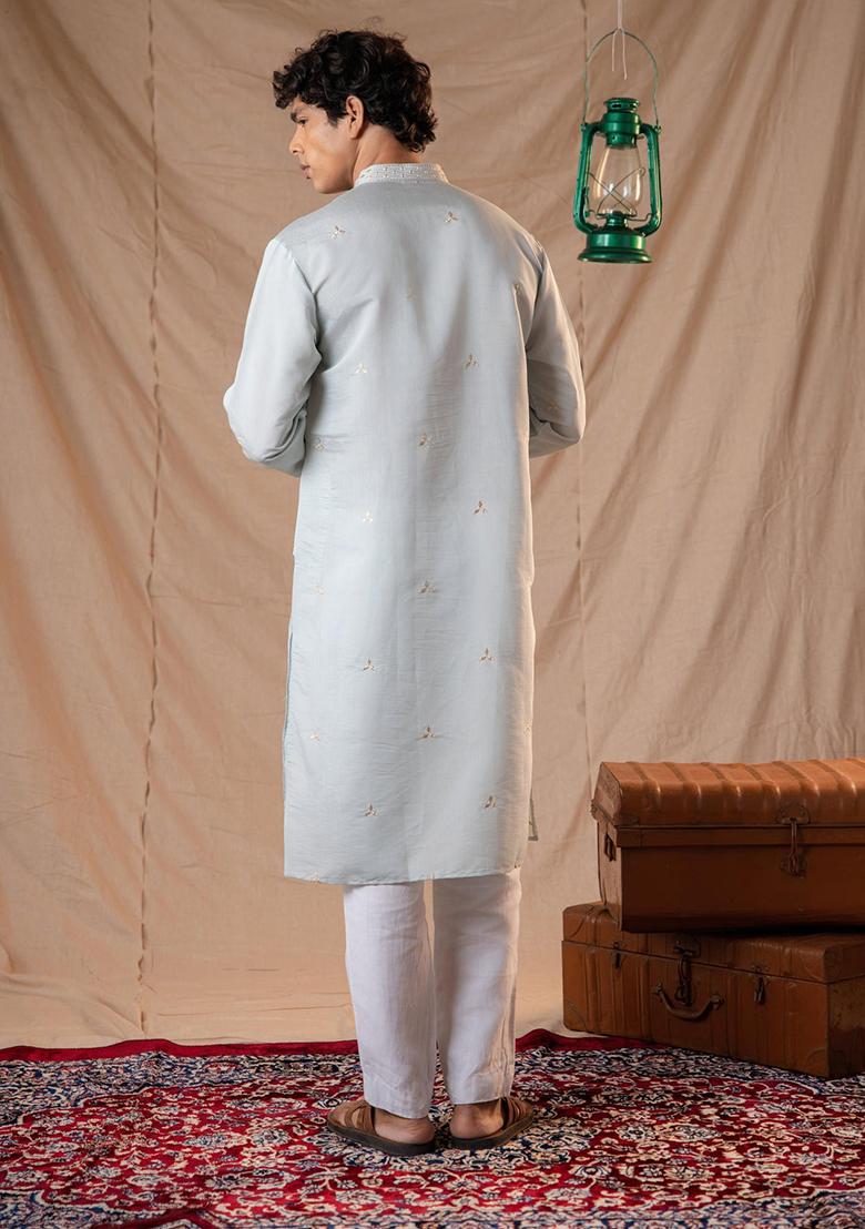 Blue Sequin Embroidered Silk Kurta Set For Men