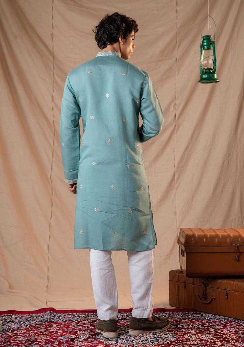 Paris Green Sequin Embroidered Silk Kurta Set For Men