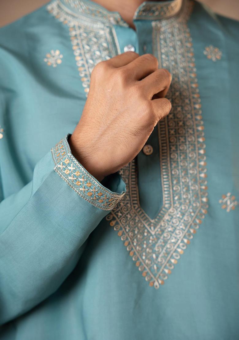 Paris Green Sequin Embroidered Silk Kurta Set For Men