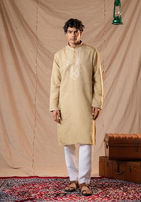 Dark Olive Sequin Embroidered Silk Kurta Set For Men