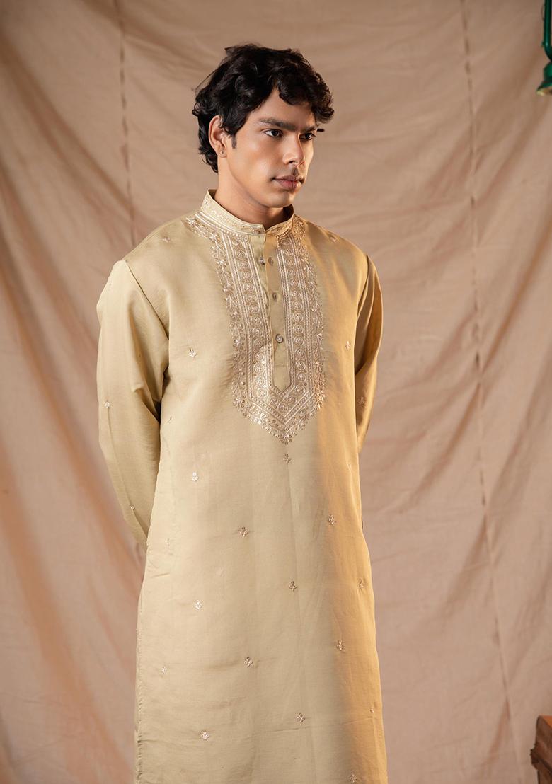 Dark Olive Sequin Embroidered Silk Kurta Set For Men