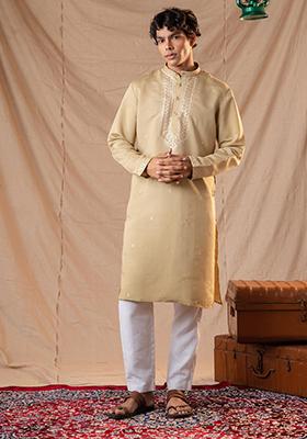 Olive Green Sequin Embroidered Silk Kurta Set For Men