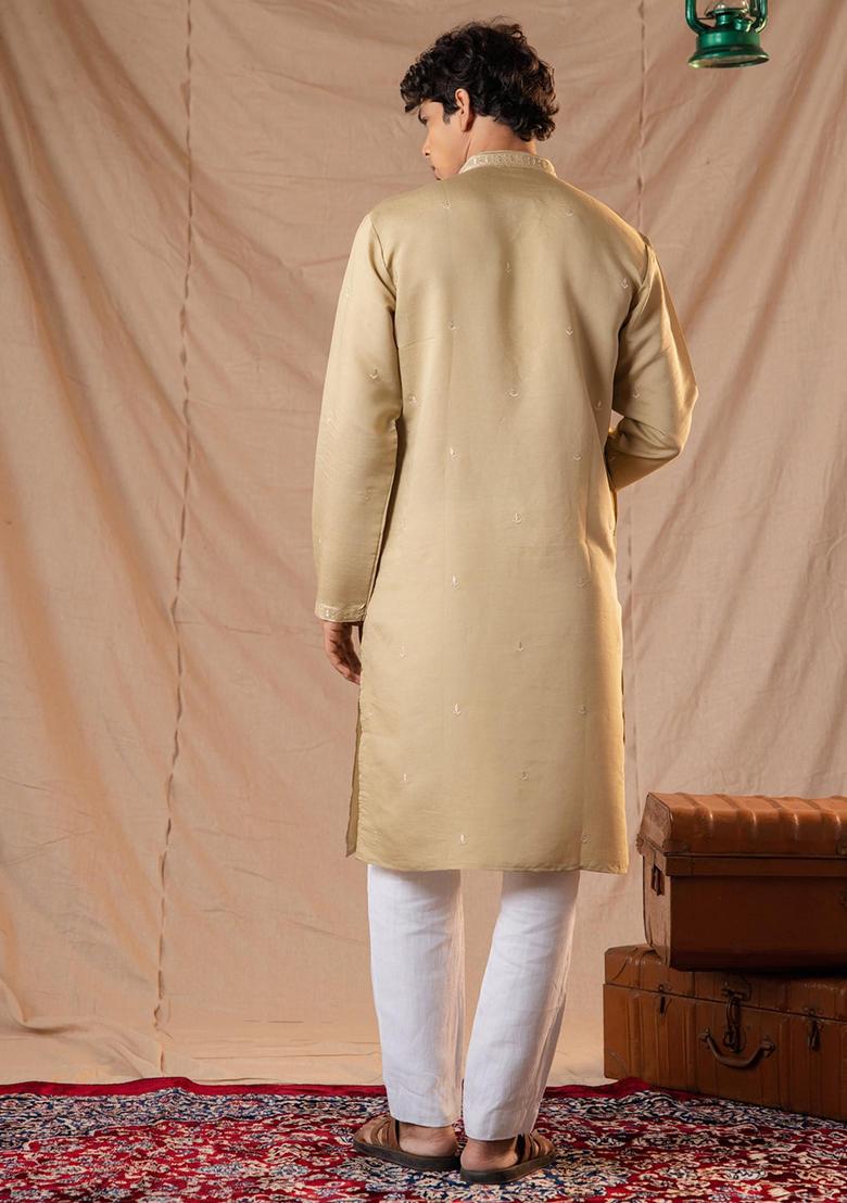 Olive Green Sequin Embroidered Silk Kurta Set For Men